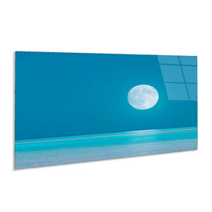 Full Moon Ocean Horizon Tempered Glass Wall Art | Minimalist Large Glass Wall Art for Living Room