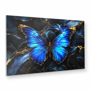 Blue Butterfly Dark Marble Tempered Glass Wall Art