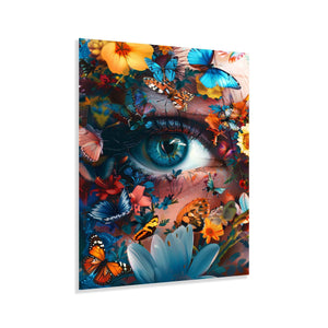 Butterfly Garden Eye Tempered Glass Wall Art | Surreal Botanical Decor