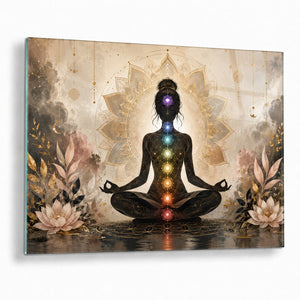 Chakra Meditation Woman Tempered Glass Wall Art
