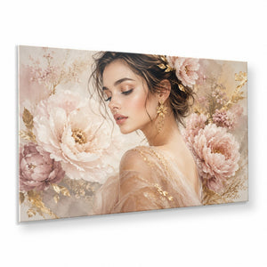 Blush Floral Woman Tempered Glass Wall Art