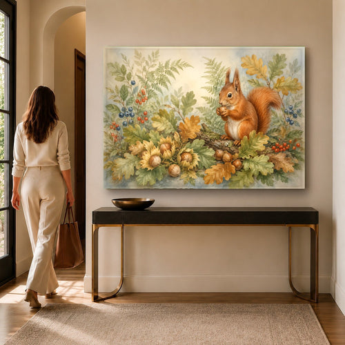 Squirrel glass wall art hanging above a cozy living room sofa
