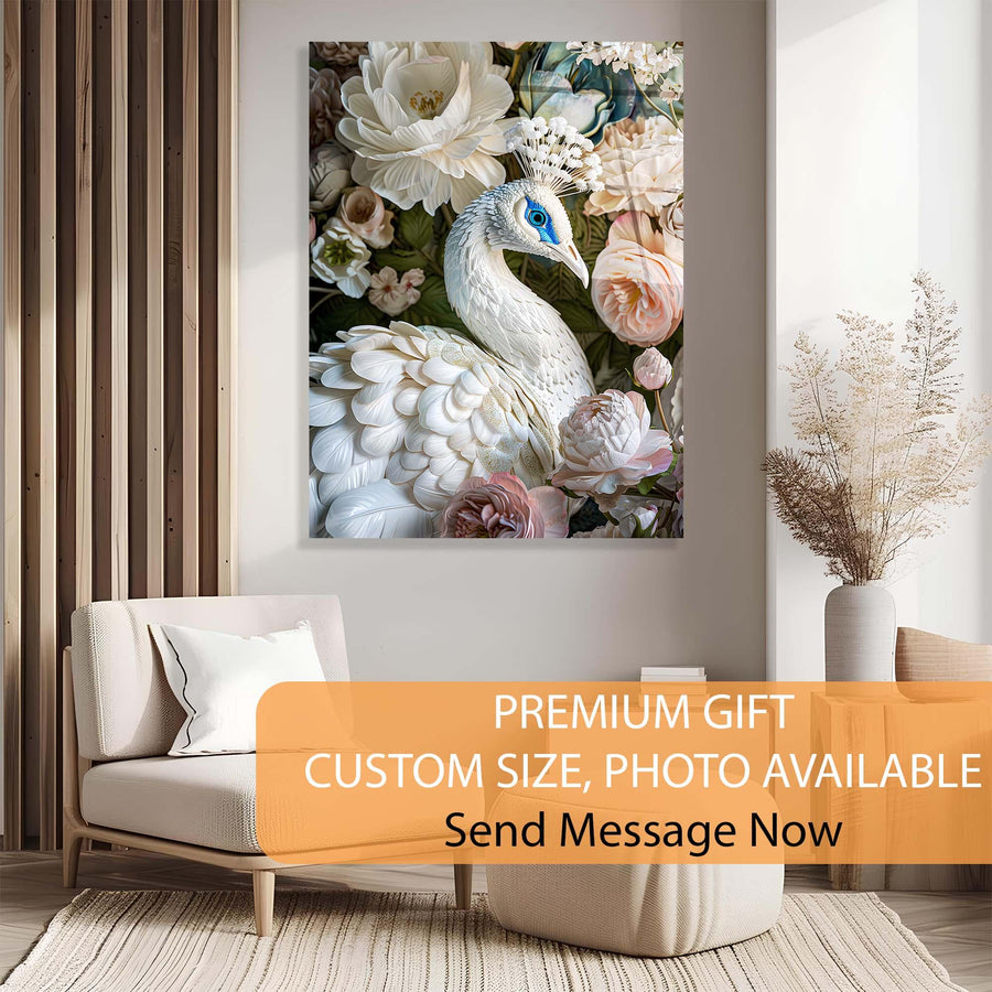 Decorative wall art of a peacock and flowers in a living room setting.