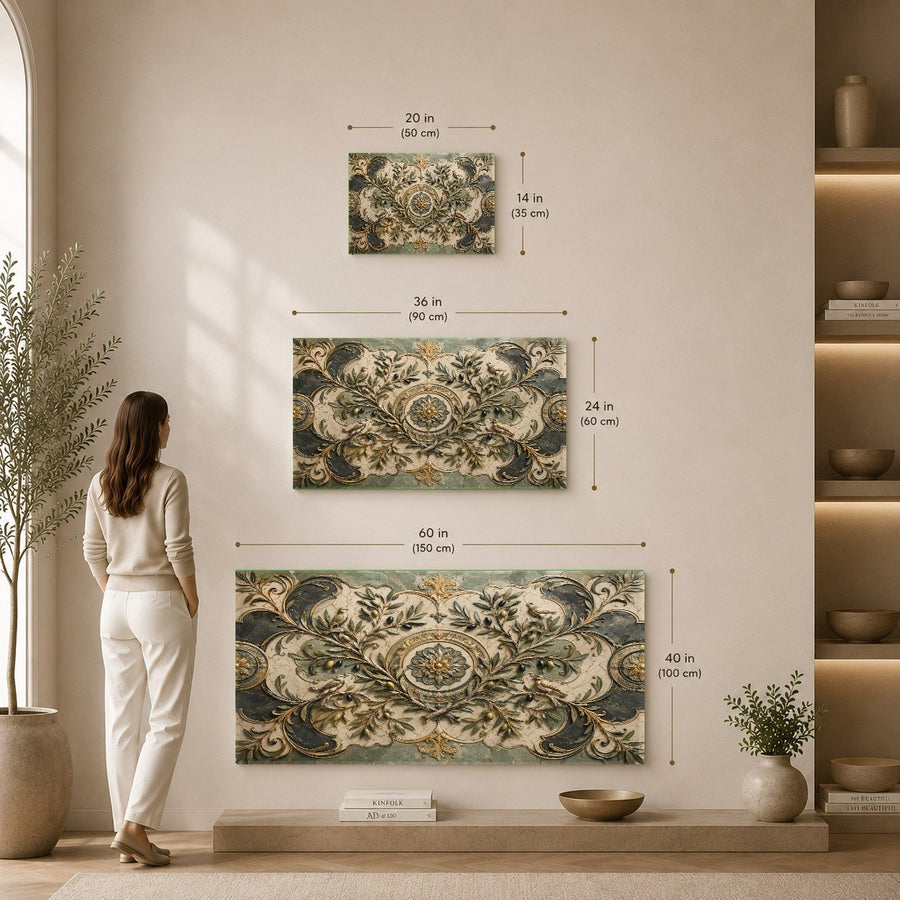 A professional office conference room featuring the large Olive Majesty botanical glass print on a white wall.