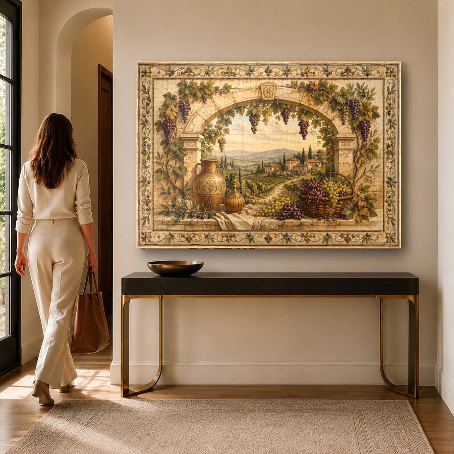 Italian villa tempered glass print displayed on a warm beige living room accent wall