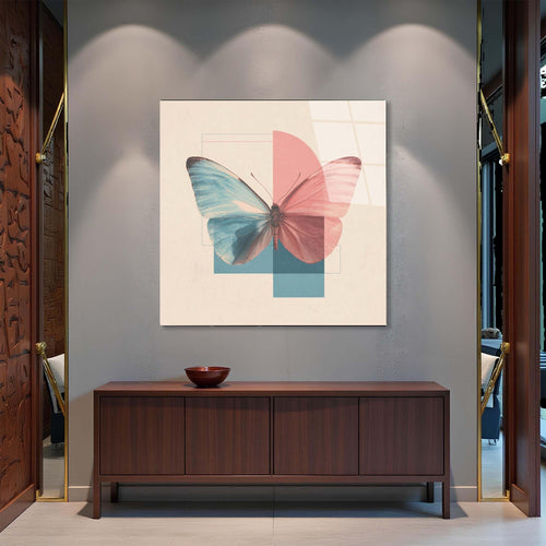 Butterfly design with pink and blue wings on a beige background
