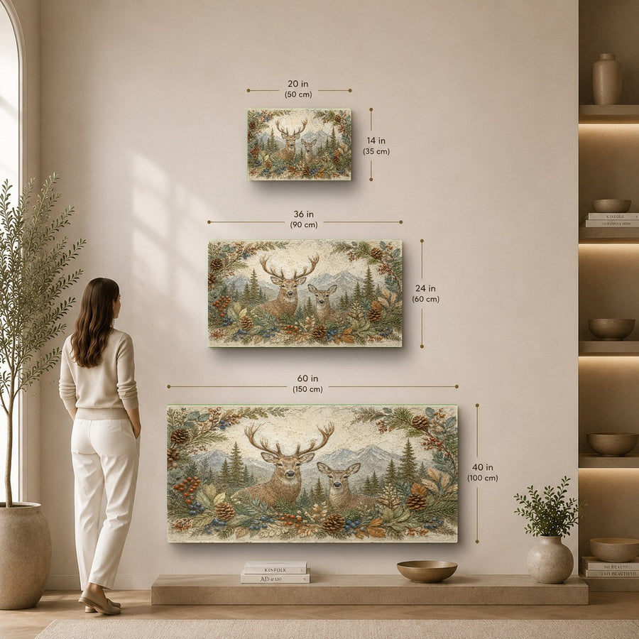 A cozy reading nook featuring the Deer Family wildlife art on a dark green accent wall with a reading chair.
