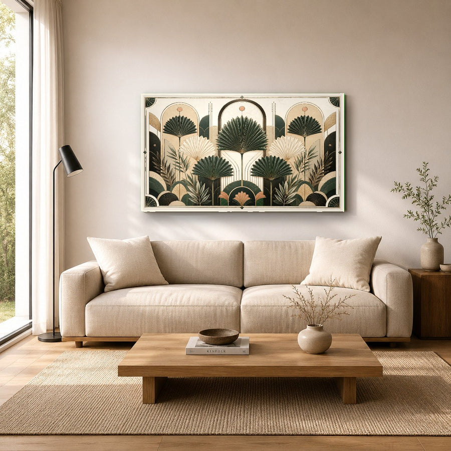 Large green modern glass print mounted on a neutral office accent wall