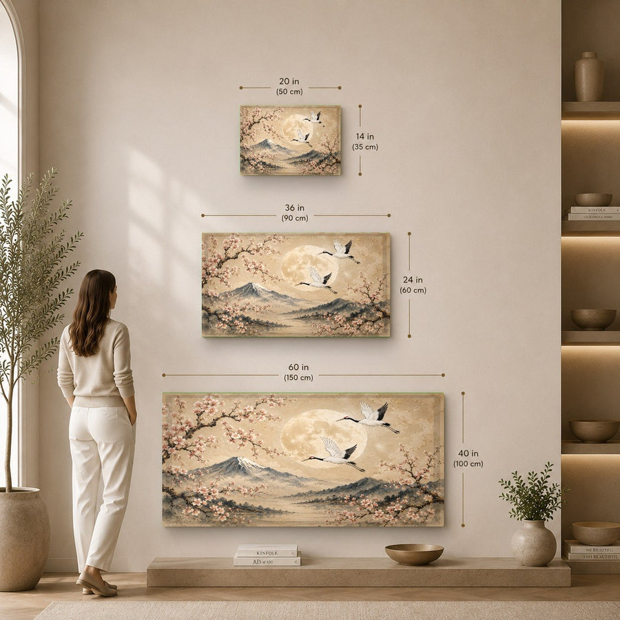 Modern glass art with white cranes and a full moon styling a sleek, contemporary dining room setting.