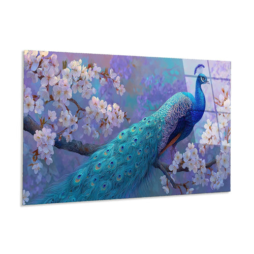 Peacock Blossom Tempered Glass Wall Art | Elegant Nature Decor