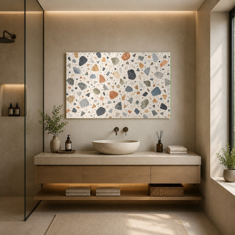 Terrazzo Mosaic glass wall art reflecting soft natural light in a peaceful spa wellness room.