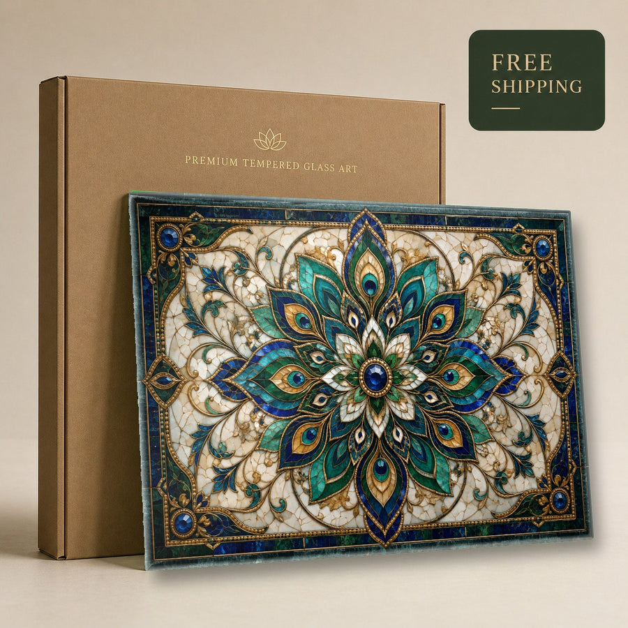 A vibrant floral mandala glass print styled over a wooden credenza in an entry hallway with warm lighting.