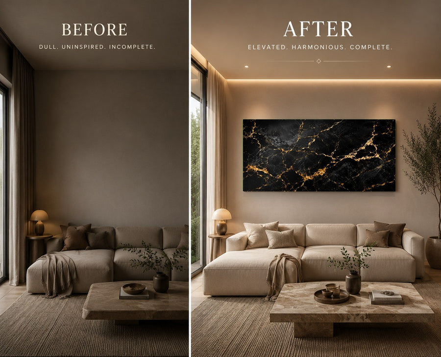 Side angle of a frameless tempered glass print featuring fluid marble patterns in a modern home hallway.