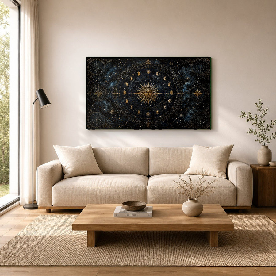 Close-up of the high-gloss Cosmic Atlas glass print showcasing golden constellation details in a well-lit studio.