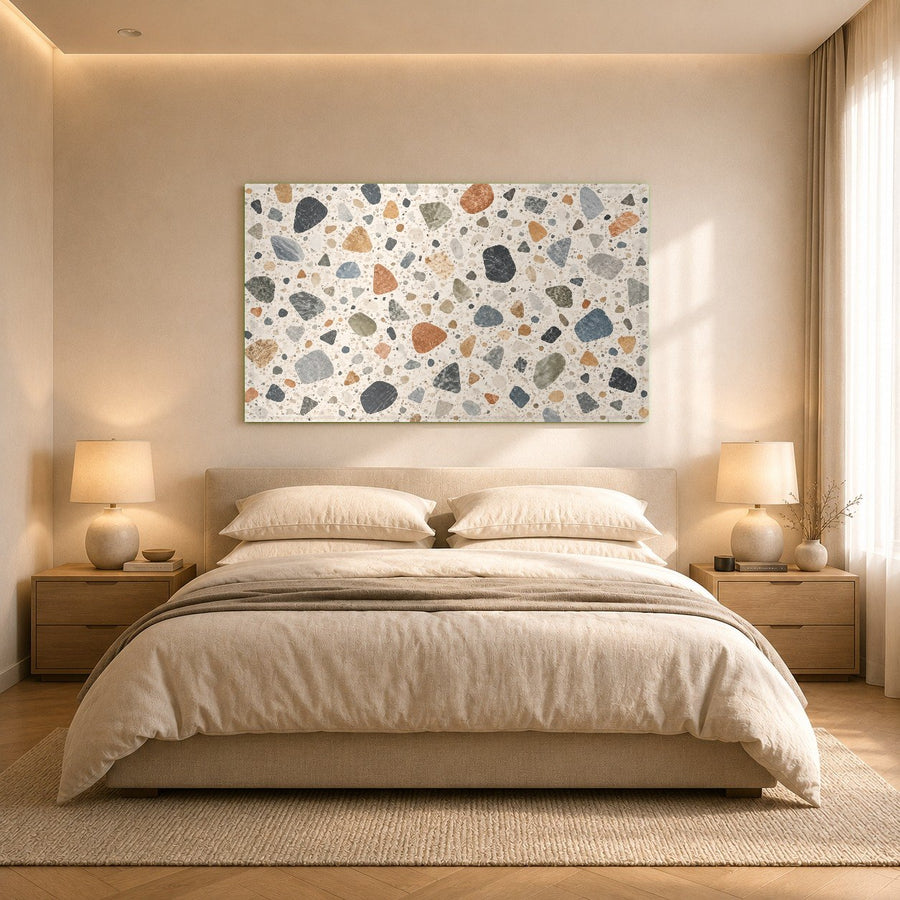 Minimalist dining room featuring a colorful Terrazzo Mosaic tempered glass print as a focal point.