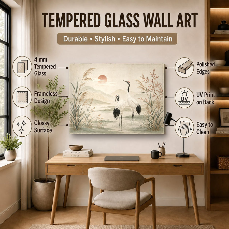 Large lake landscape glass wall art featured in a modern luxury hotel lobby