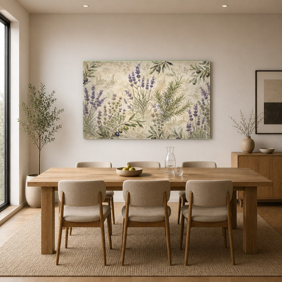 Angled view of a hallway decorated with a series of botanical tempered glass wall art panels under warm spotlighting.