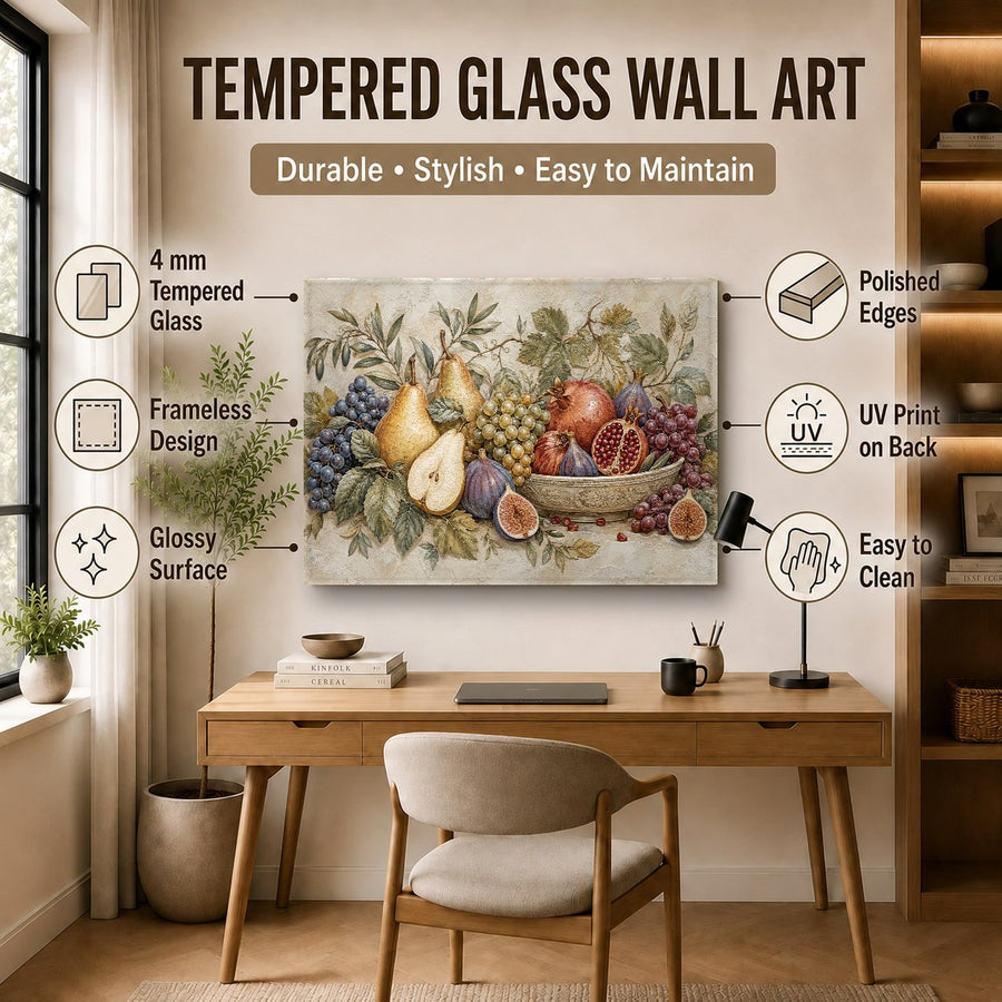 Sunroom seating area decorated with a refreshing botanical lemon grove glass art print.