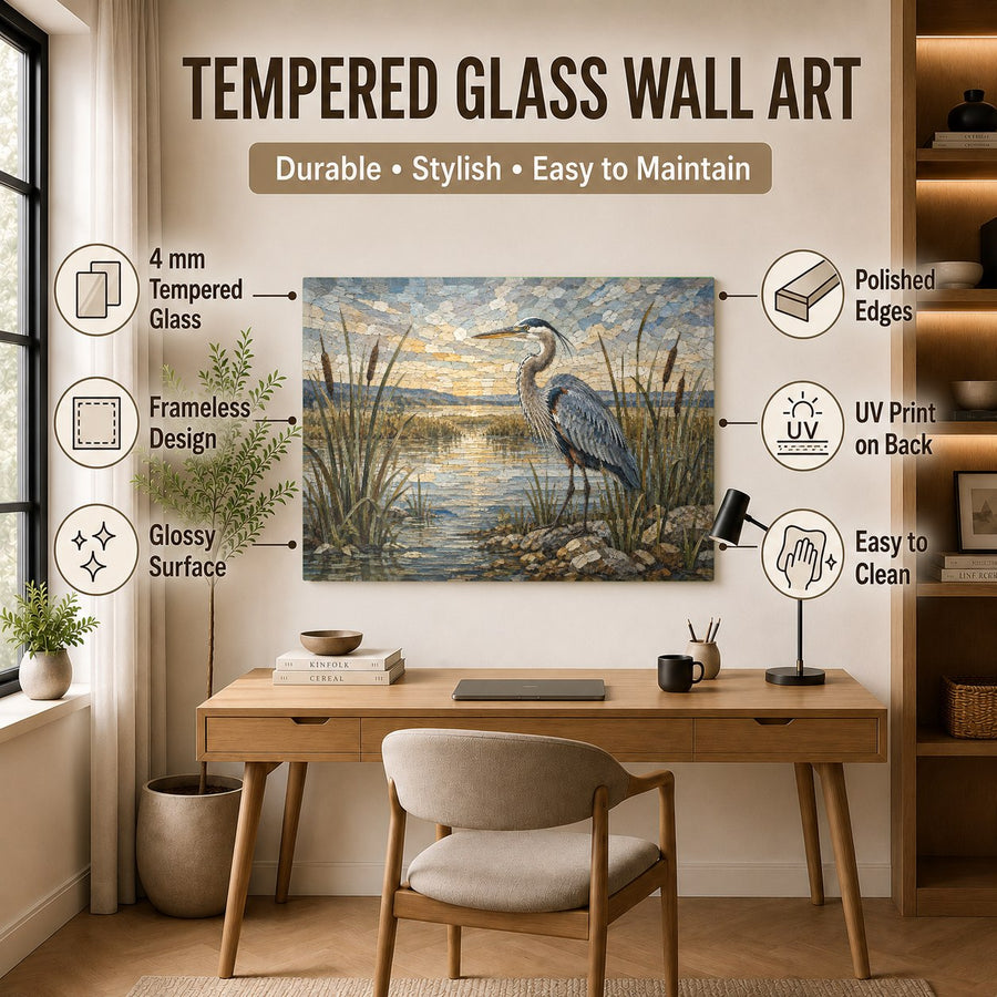 Heron bird glass print hanging in a hotel lobby with warm, natural lighting highlighting the vibrant blues and greens.