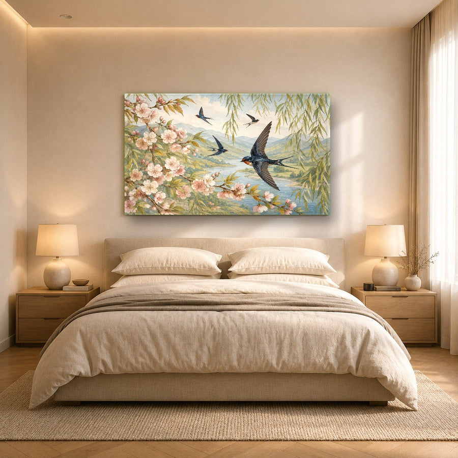 Sunlit interior mockup featuring flying birds tempered glass wall decor