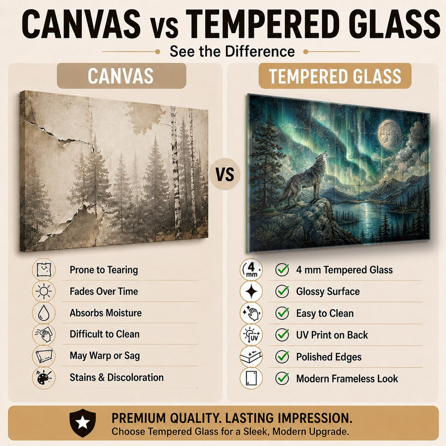 Large northern lights wolf glass print displayed in a contemporary executive office