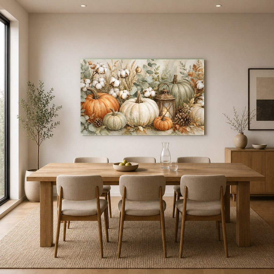 Side angle of a tempered glass pumpkin print on a dark accent wall in a modern apartment.