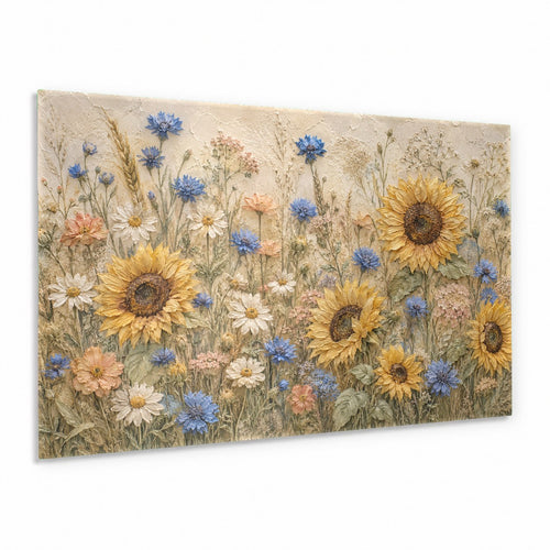 Sunflowers glass wall art hanging above a modern minimalist sofa in a bright living room