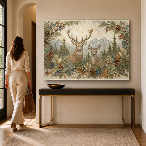 A rustic living room featuring the Deer Family glass wall art mounted above a brown leather sofa.