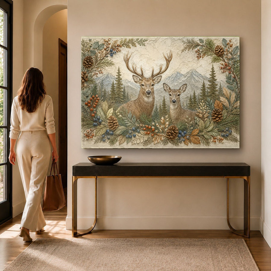 Close-up of the Deer Family tempered glass print showcasing the glossy finish in a sunlit cabin hallway.