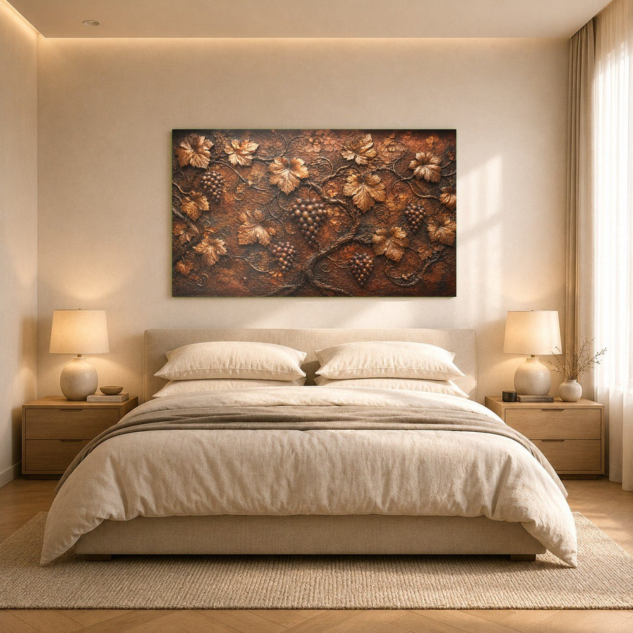 Wide shot of a modern master bedroom featuring the bronze vineyard glass artwork above a king-sized bed.