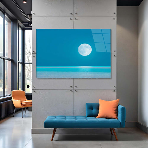 Rectangular glass panel with a blue gradient background and a full moon at the center.