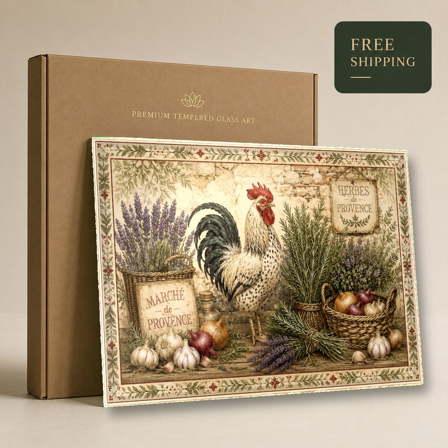 French country rooster glass wall decor placed in a warm interior design space