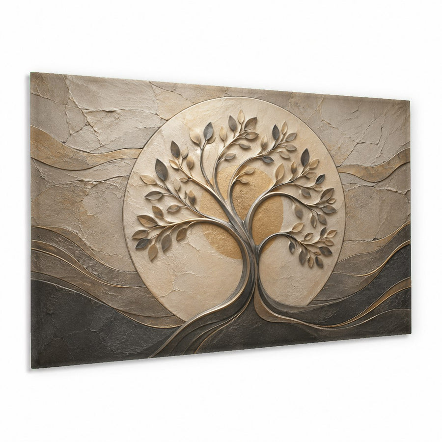 A large Tree with Leaves glass print mounted above a beige sofa in a sunlit modern living room.
