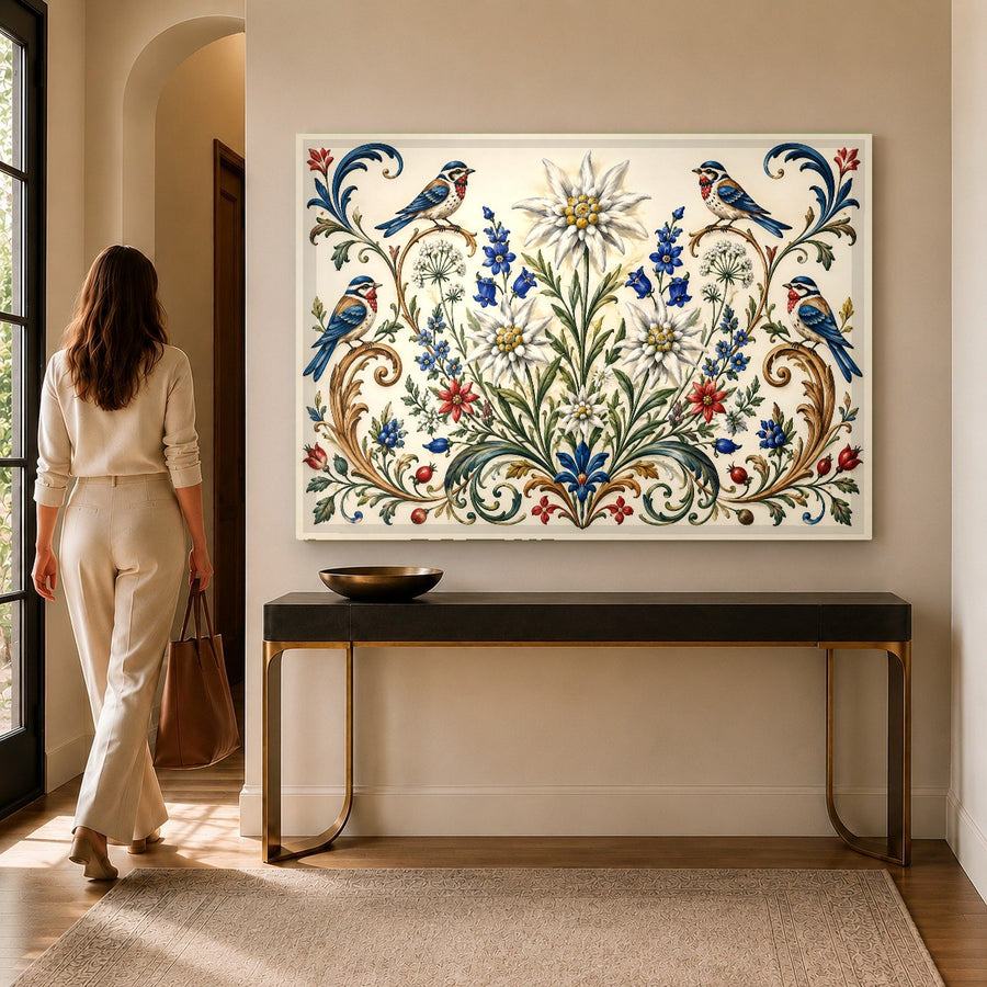 Vibrant Coral Garden tempered glass print displayed in a tranquil spa relaxation room