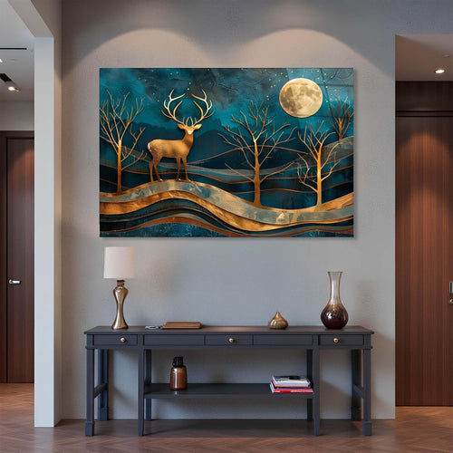 Decorative wall art with a deer and moonlit landscape