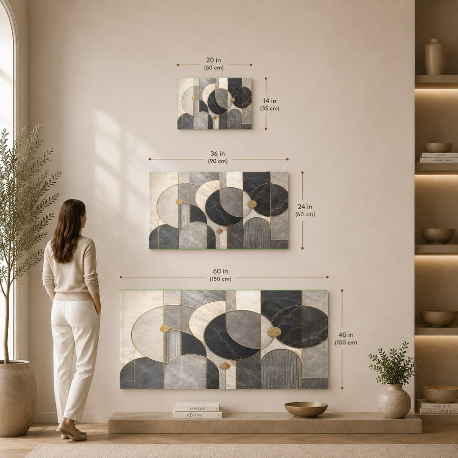 A minimalist dining room styled with the Geometric Luxe glass artwork as a vibrant centerpiece.