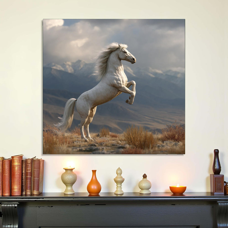Stylized painting of a rearing horse in a mountainous landscape above a shelf with decorative items.