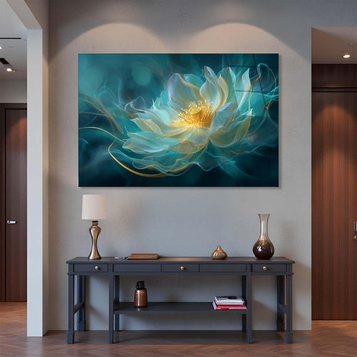 Framed artwork of a lotus flower with a blue and green gradient background