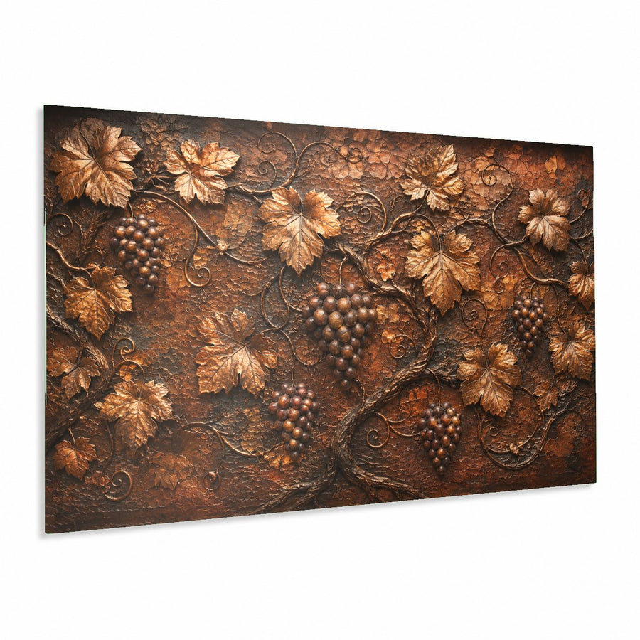 Bronze Vineyard Glass Wall Art hanging above a rustic wooden dining table in a warm, lit dining room.