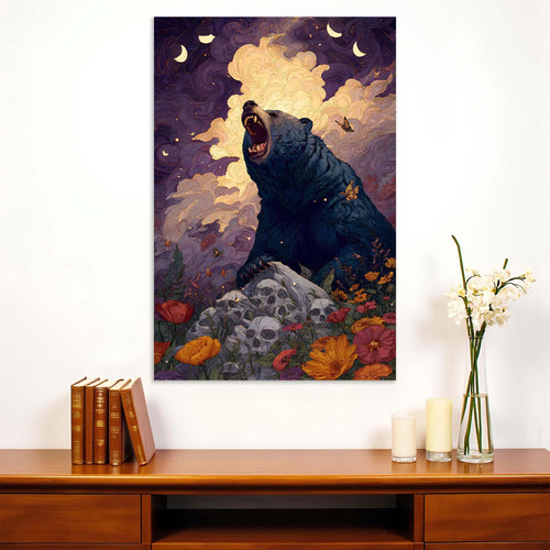 Artistic depiction of a bear in a fantasy landscape with flowers and clouds.