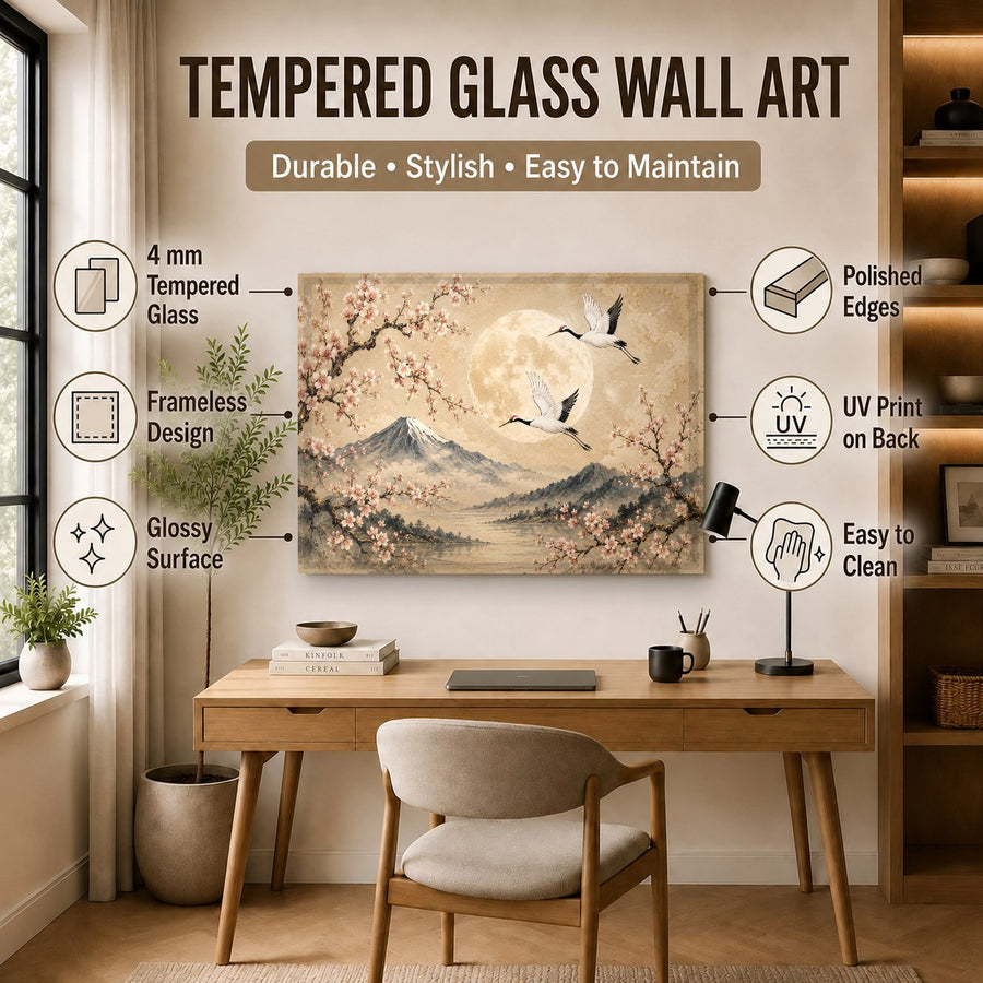 Japanese-inspired bird art on glass creating a peaceful focal point in a quiet home yoga studio.
