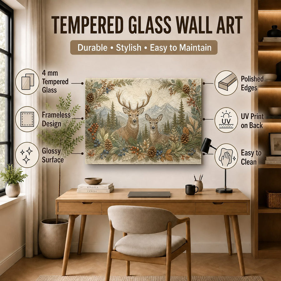 Side-angle view of the frameless Deer Family glass print mounted in a minimalist neutral-toned hallway.