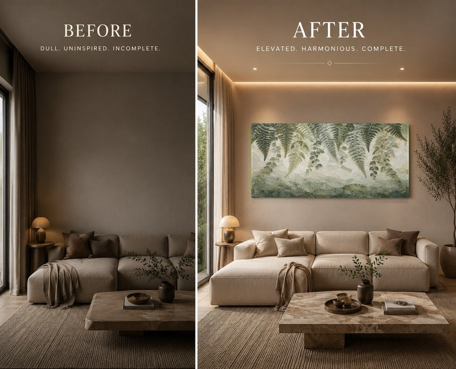 A luminous green aurora forest tempered glass art piece displayed in a rustic wooden cabin living space.