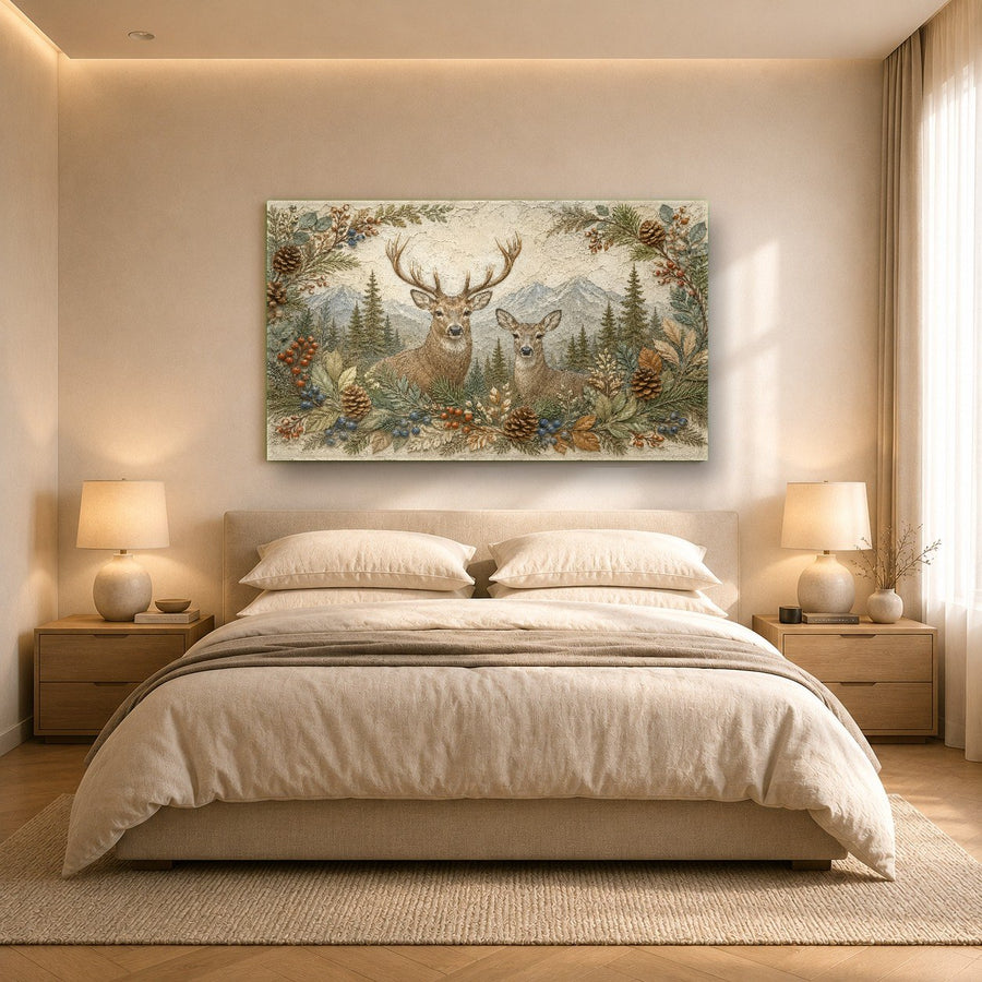 Stunning Deer Family glass wall decor styled in a modern farmhouse living room above a wooden console table.