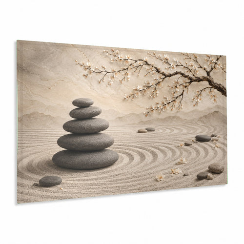 Zen Blossom Glass Wall Art hanging above a minimalist white sofa in a bright, modern living room.