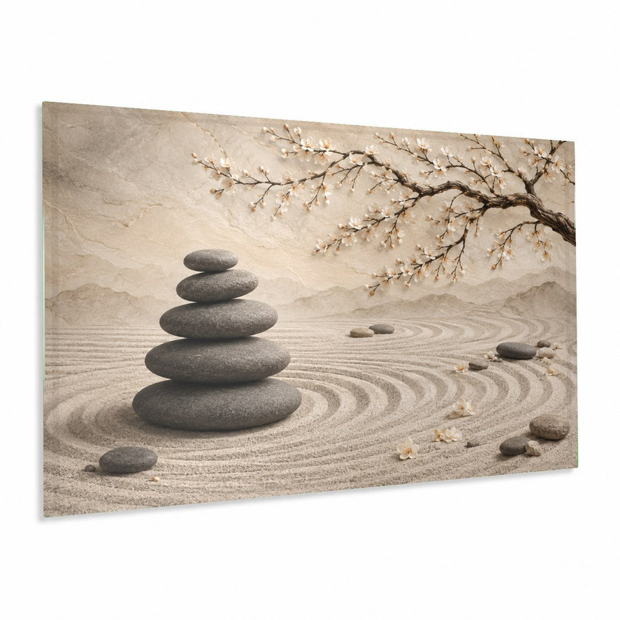 Zen Blossom Glass Wall Art hanging above a minimalist white sofa in a bright, modern living room.