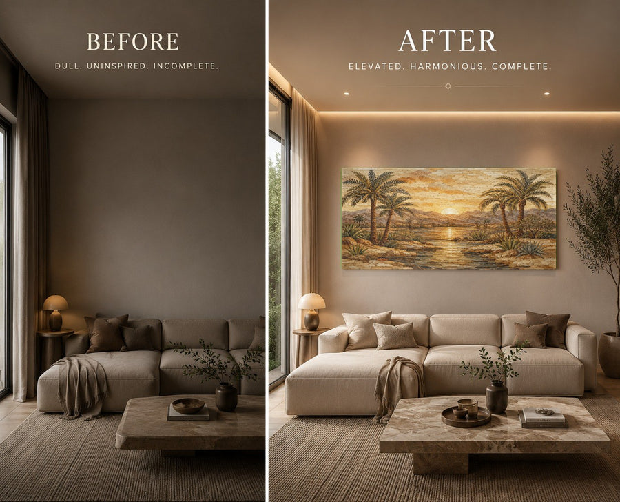 Elegant Deco Sunrise glass print displayed on a dark accent wall in a luxury executive office.