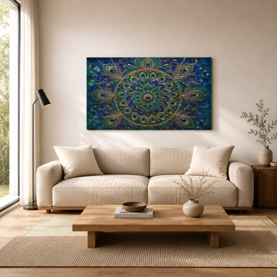 Side angle view of the Peacock Mandala glass wall decor hanging in a serene yoga studio with bamboo plants.