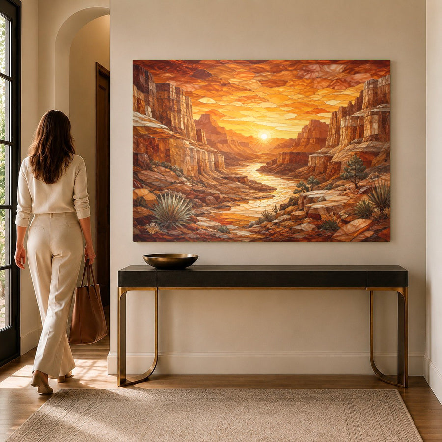 Close-up of a desert landscape tempered glass print showing the glossy, reflective finish in a sunlit bedroom.