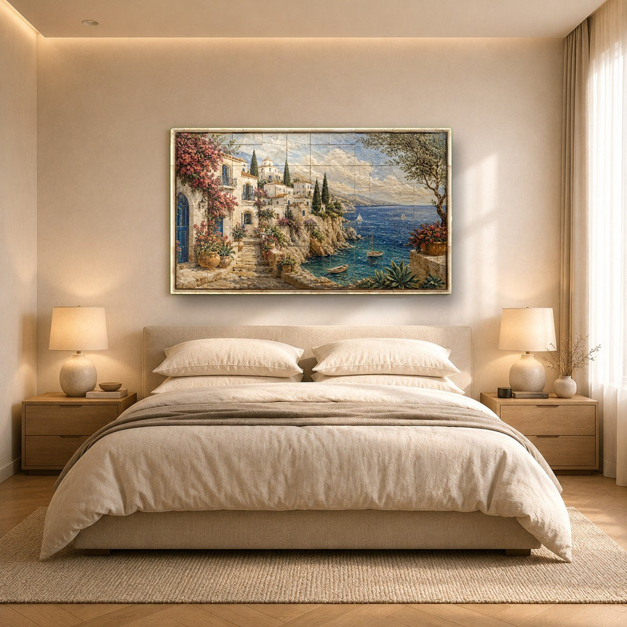 Tuscan coastal print styled in an upscale boutique hotel lobby